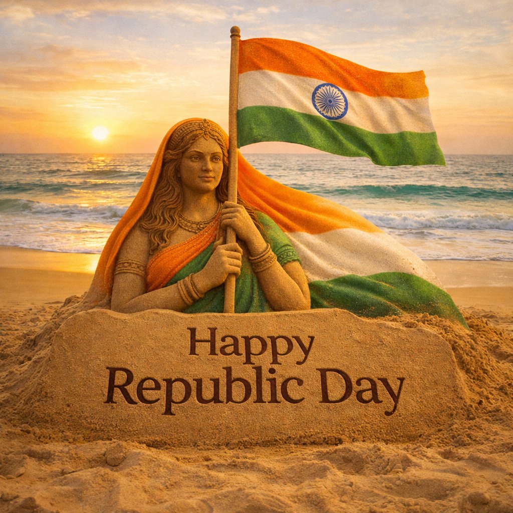 Sand Art Mother India – Happy Republic Day Beach Sculpture