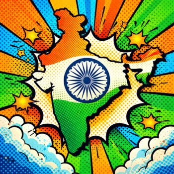 Pop Art India Map with Ashoka Chakra – Vibrant Republic Day Creative Image