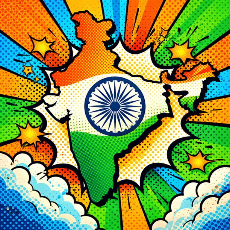 Pop Art India Map with Ashoka Chakra – Vibrant Republic Day Creative Image