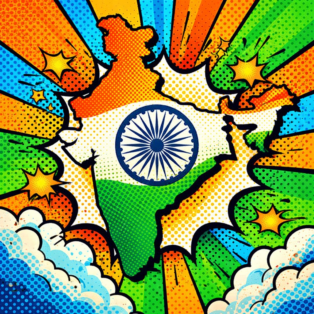Pop Art India Map with Ashoka Chakra – Vibrant Republic Day Creative Image