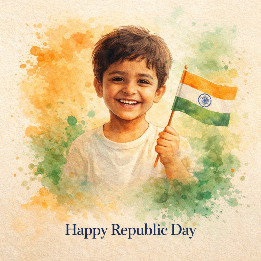 Watercolor Child with Indian Flag – Happy Republic Day Image