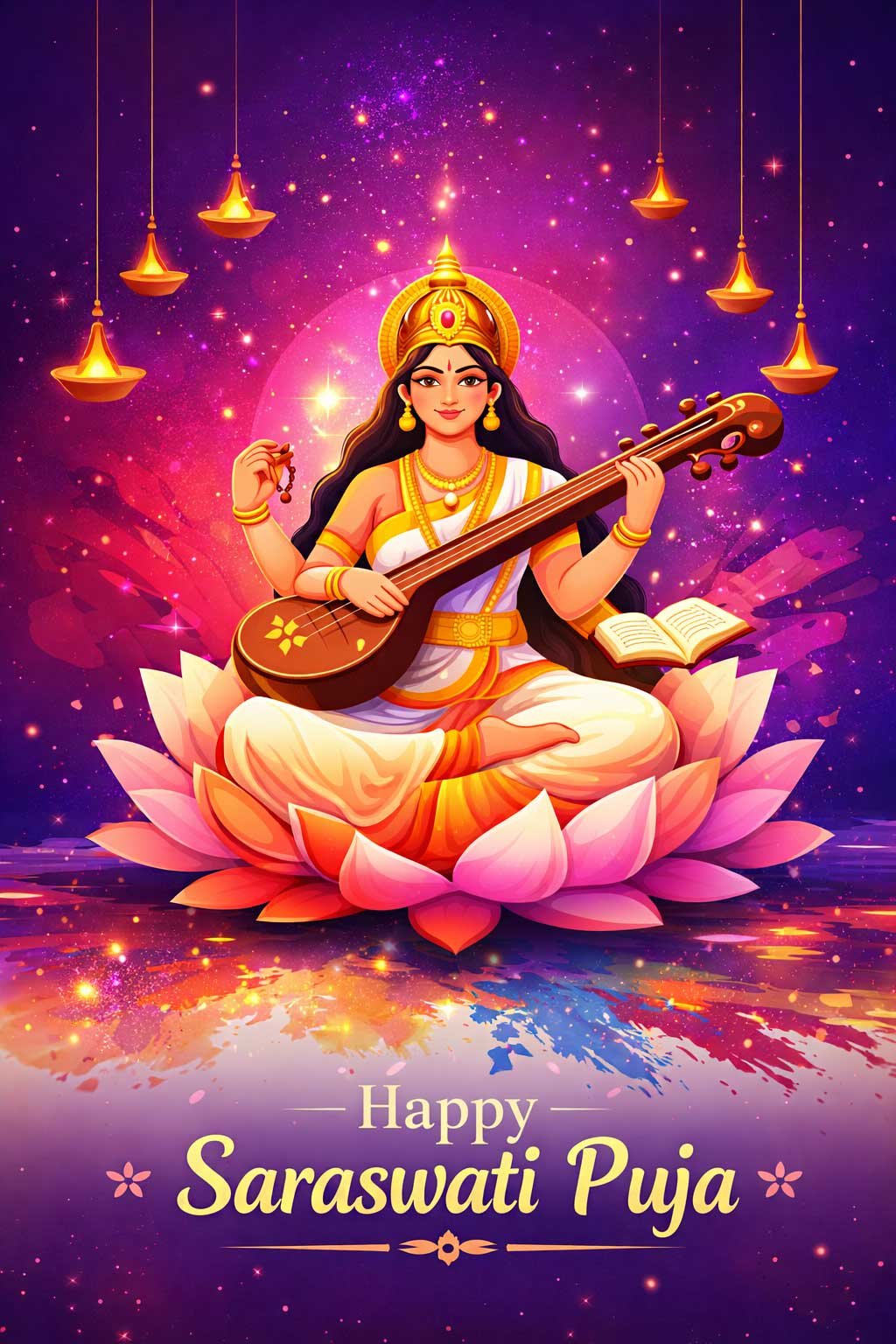 saraswati puja image with veena and lotus