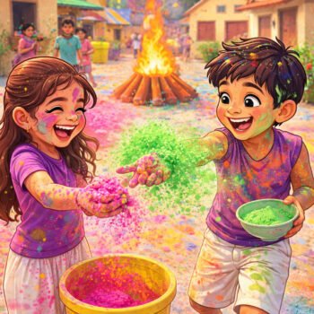 Fun Holi Cartoon Style Illustration