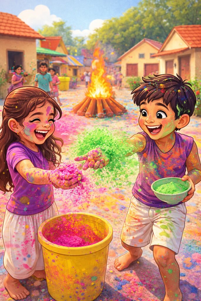 Fun Holi Cartoon Style Illustration